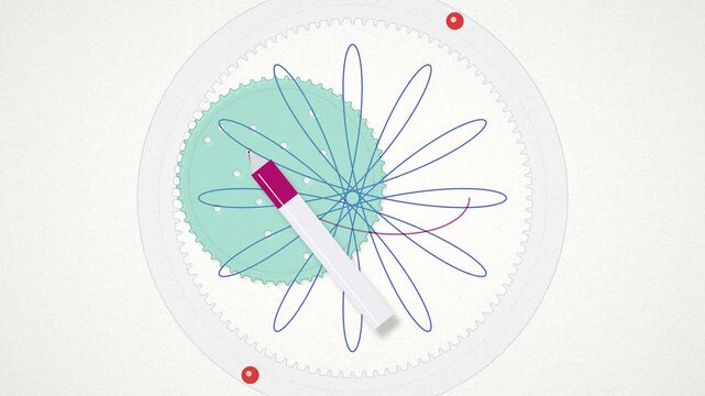 Spirograph gears drawing intricate hypotrochoid rosettes in colored ink on white paper, 4K time-lapse loop