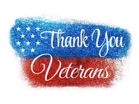 Thank you veterans text on glittery blue and red paint flag background with white stars, patriotic concept design