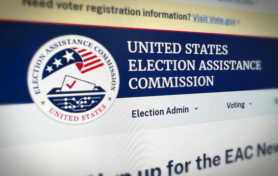 Close up of United States Election Assistance Commission website on computer screen for voter information and registration help, illustrative editorial