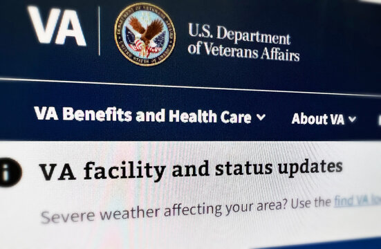 Close up of U.S. Department of Veterans Affairs website showing VA benefits, health care facility, illustrative editorial