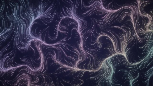 Wind-map style flow field of thin streaming lines in soft pastel gradients over dark background, 4K seamless loop