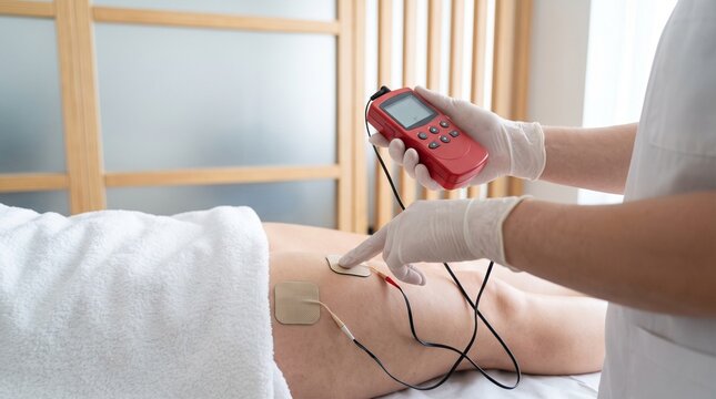 Physical therapist applying electrical stimulation therapy to a patient