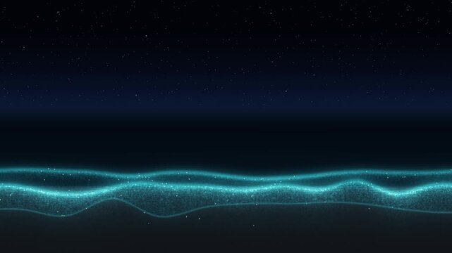 Bioluminescent plankton glowing blue in night waves as they break on a dark shore, 4K seamless loop
