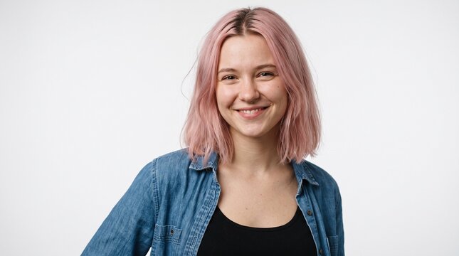 Smiling young woman with pink hair in denim shirt on white background