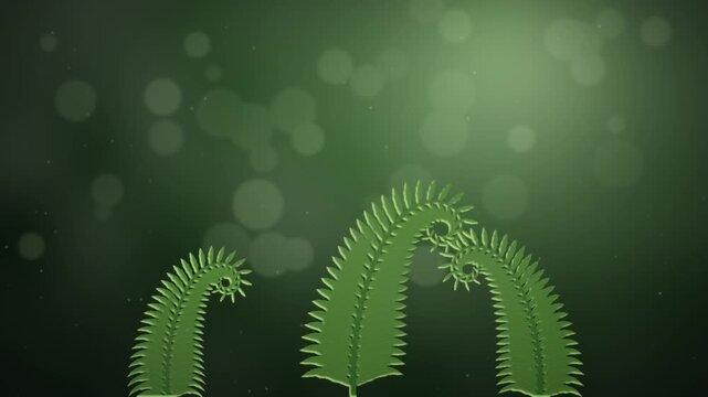 Fern fiddleheads slowly unfurling in lush green macro time-lapse with misty light, 4K seamless loop