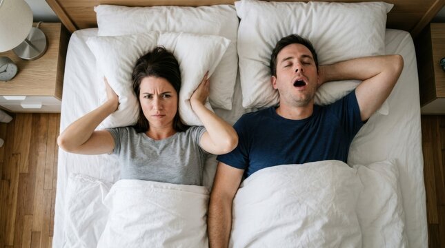 Annoyed Woman Covers Ears While Man Snores in Bed