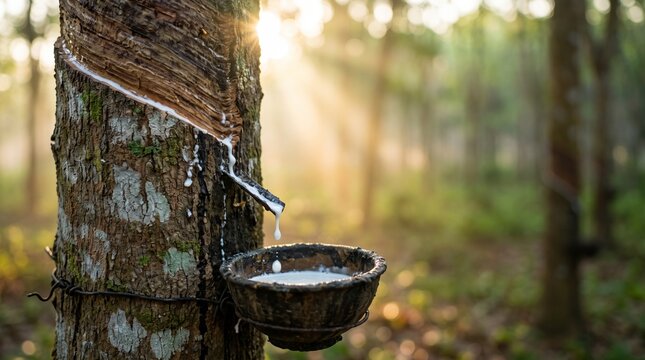 Natural rubber latex sap dripping from tapped rubber tree into bowl at sunrise