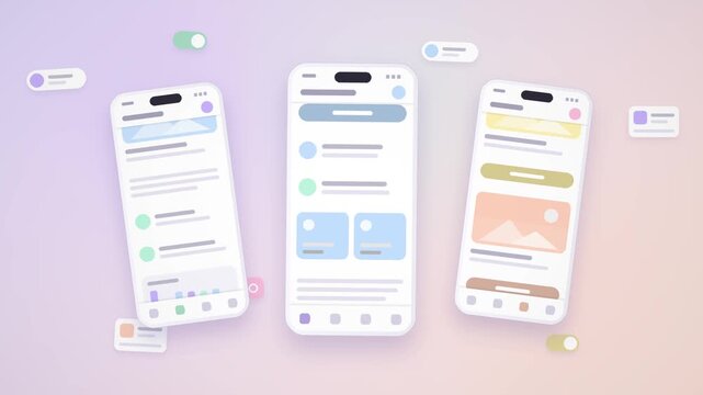 Wireframe phone screens with abstract content blocks scrolling in pastel UI mockup style, 4K seamless loop