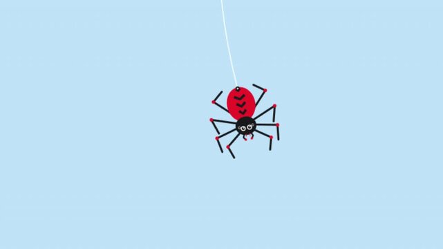 Red and black cartoon spiders hanging from threads on blue backdrop