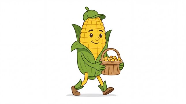 Happy corn cob cartoon character carrying a harvest basket of seeds
