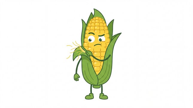 Grumpy corn cob cartoon character brushing its hair