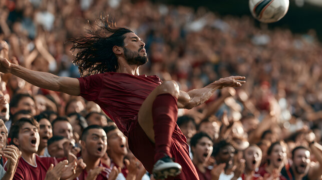 赤いユニフォームを着たサッカー選手がダイナミックにシュートを放つ瞬間(The moment a soccer player in a red uniform unleashes a dynamic shot.)