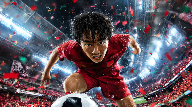 赤いユニフォームを着たサッカー選手がダイナミックに走っている瞬間(The moment a soccer player in a red uniform is running dynamically.)