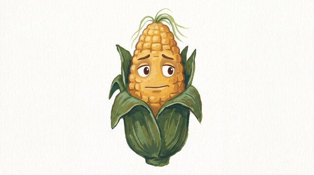 Corn cob cartoon character with a sad expression on white background