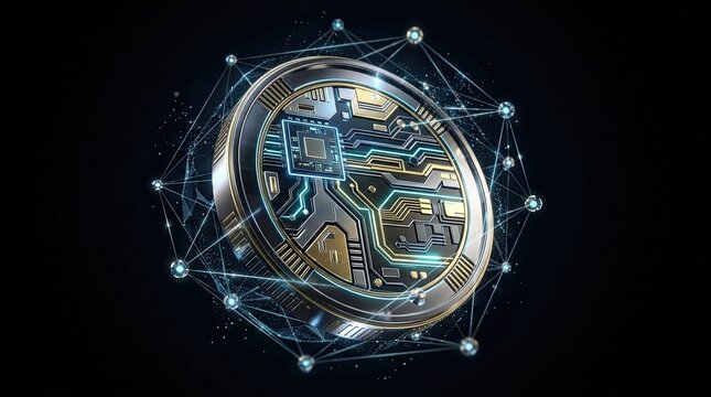 Abstract digital world with glowing circuitry and swirling data streams on dark background