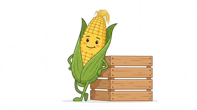 A friendly corn cob cartoon character leaning on a wooden crate