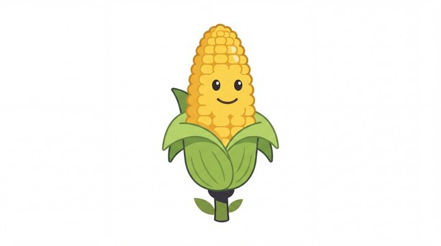 Cute corn cob cartoon character smiling on white background