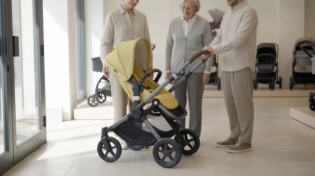 Adults Examining a Yellow Baby Stroller in a Retail Store
