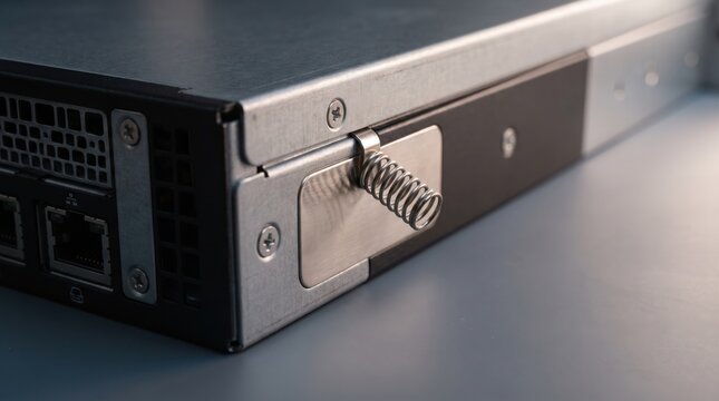 Server rack chassis side panel with metal latch spring and screws. Essential datacenter hardware and IT equipment components for cloud infrastructure and enterprise server maintenance.