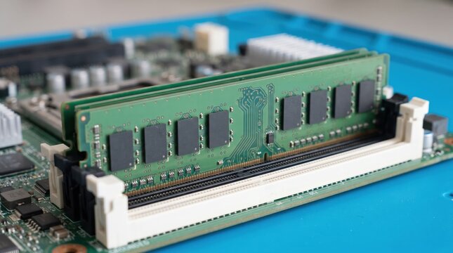Computer RAM memory modules installed on a motherboard slot. Server hardware components and memory upgrades for modern data centers and enterprise IT infrastructure.