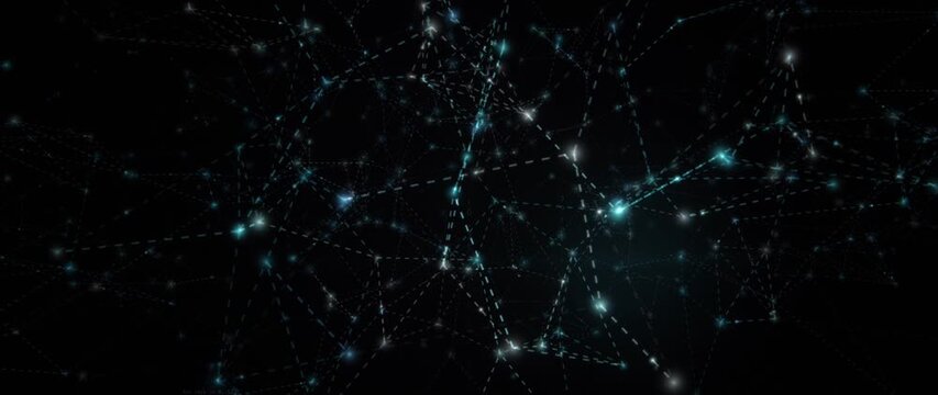 Glowing digital network nodes and links shift across a dark abstract data field