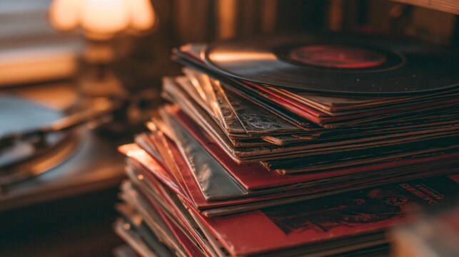 Stack of old vinyl records with worn covers at a cozy room