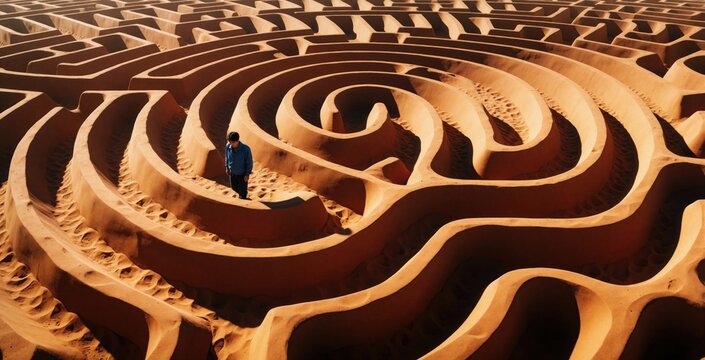 Man walks through huge sand maze in desert. Aerial view of complex labyrinth pattern on orange dunes. Lonely person searches for way out of spiral sand structure. Concept of difficult life journey,