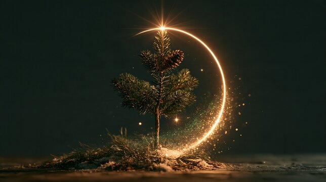 Evergreen pine sapling glowing at sunset inside a golden crescent arc of light with sparkling dust, festive winter and Christmas card design on dark background