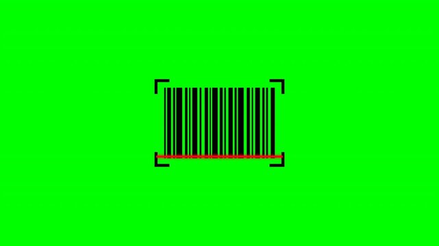 A barcode scanner interface animation with scanning laser line targeting code on vivid green chroma key background