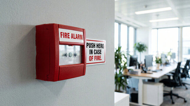 Red fire alarm manual call point mounted on a white wall in a modern office interior