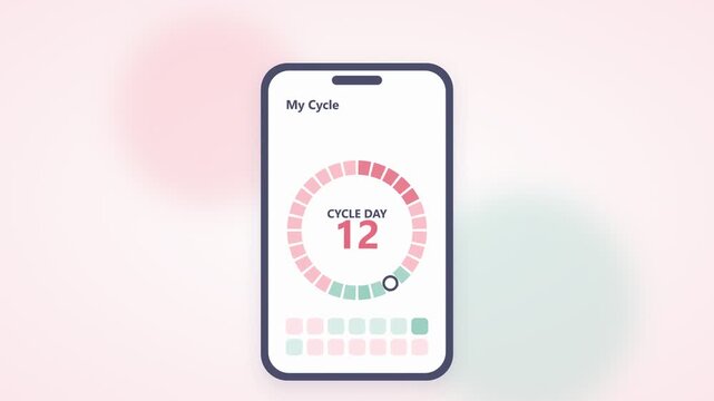 Period tracker smartphone app with cycle day ring counting to 14 and period, fertile and ovulation tags