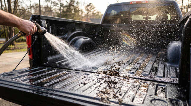 Person washing the dirty truck bed of a black pickup truck with a garden hose spray nozzle