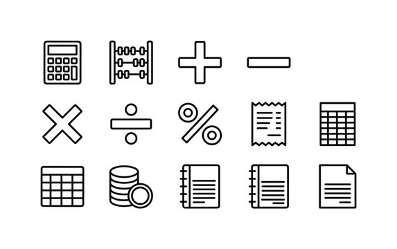 Calculator Accounting Tools, line icon set featuring calculator, abacus, plus symbol, minus symbol, multiplication symbol, division symbol, percentage symbol, receipt, spreadsheet, coin stack,