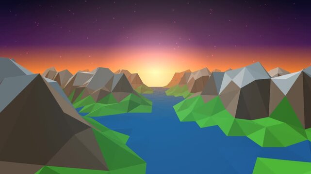 A low-polygon digital landscape featuring angular mountains and a winding river at sunset, with the camera panning across the stylized terrain under a purple and orange sky.