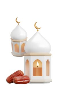 3D Ramadan Lanterns with Mosque Dome and Dates on White Background