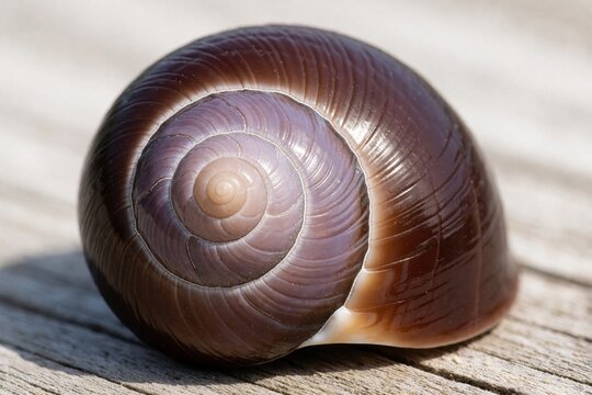 Macro close up of eye seashell Neverita duplicata. Brown spiral gastropod mollusc lies on weathered wood surface. Natural ocean shell shows detailed texture, glossy pattern. Marine life specimen from