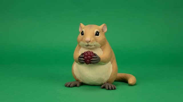 Green Screen Claymation Style Dormouse Holding A Burgundy Berry