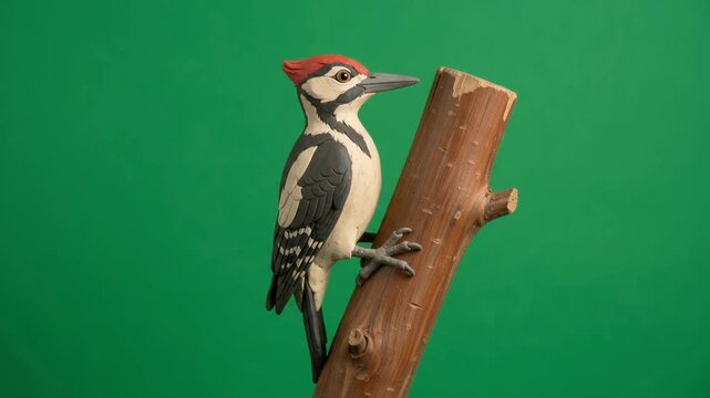 Green Screen Clay Woodpecker Pecking a Wooden Log