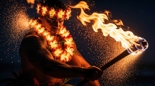 Muscular shirtless man performs fire dance at night. Male entertainer wears glowing floral lei, flower crown. Swings flaming torch with bright sparks flying. Tropical ritual show with intense heat,