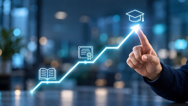 Hand pointing at peak of glowing growth chart with book, diploma, and graduation cap icons symbolizing academic achievement, certification, and learning