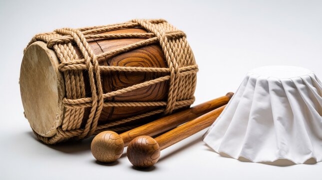 Traditional wooden hand drum with two sticks, white cloth. Ethnic percussion instrument sits on white background. Musical percussion gear for folk music cultural ceremonies. Handmade percussion tool