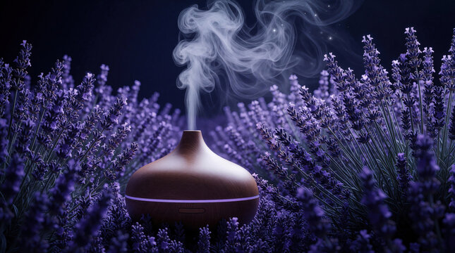 Modern wooden aromatherapy diffuser emits white mist in lavender field at night. Essential oil humidifier releases fragrant vapor among purple flowers. Calm zen device provides relaxation, wellness,