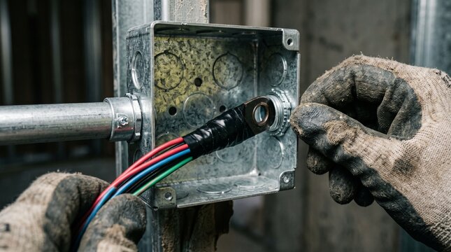 Electrician installing wiring and electrical junction box in building site