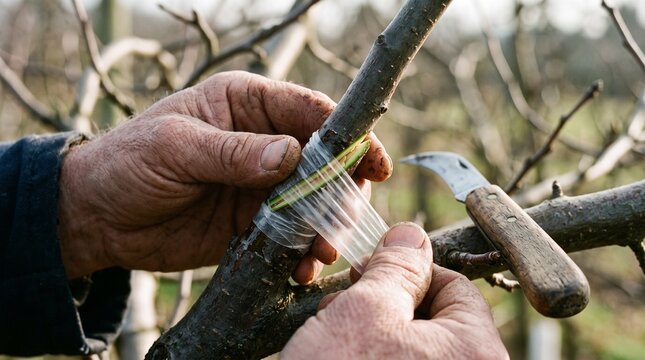 Gardener grafting fruit tree branch with plastic tape and pruning knife