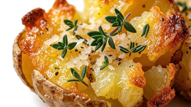 Crispy smashed potatoes with garlic butter, parmesan cheese. Macro shot of fried golden potato chunks with fresh thyme herb garnish. Delicious cooked vegetable side dish with melted cheese, oil on