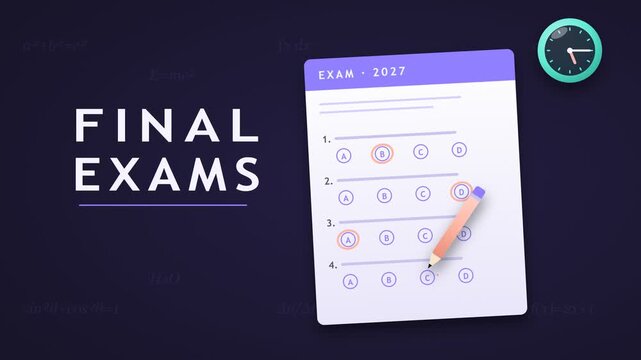 Final exams answer sheet with pencil filling multiple choice bubbles, clock and A plus grade stamp