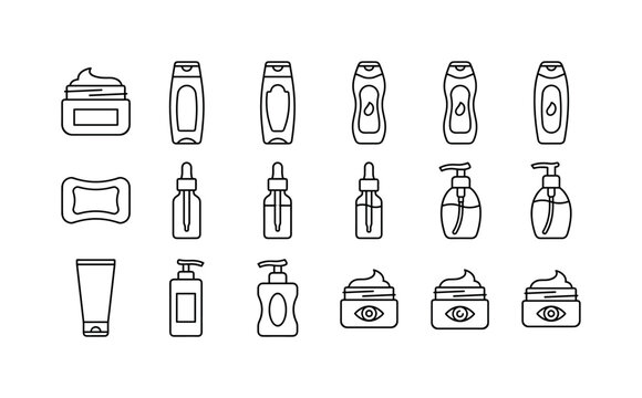 Skincare Beauty Product Set, line icon set featuring cream jar, lotion bottle, shampoo bottle, shower gel, soap bar, serum dropper, pump bottle, cosmetic tube, covering skincare, body care, face care,
