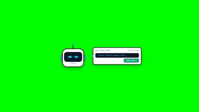 A cute robot character with a chat box dialog window on a bright green chroma key background for video editing