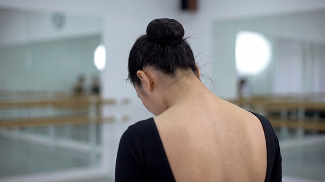 Back view of an Asian female dancer with a tight classical hair bun after rehearsal