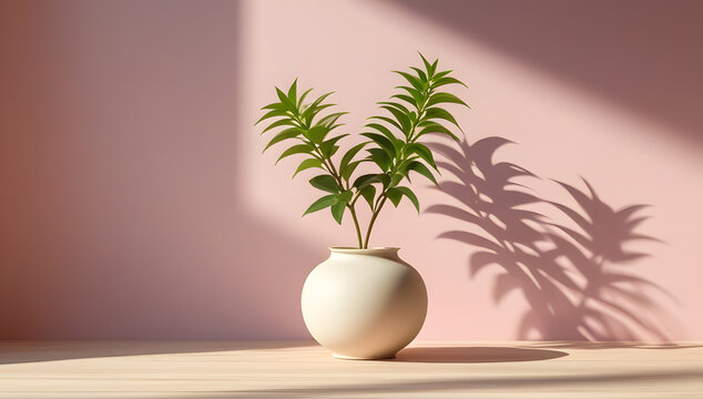 Minimalist ZZ Plant in Ceramic Vase Casting Bold Shadow on Pink Wall